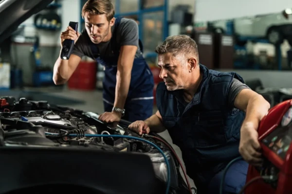 dois-homens-olhando-o-motor-do-carro-procurando-defeito-com-uma-lanterna-para-fazer-a-manutencao-preventiva